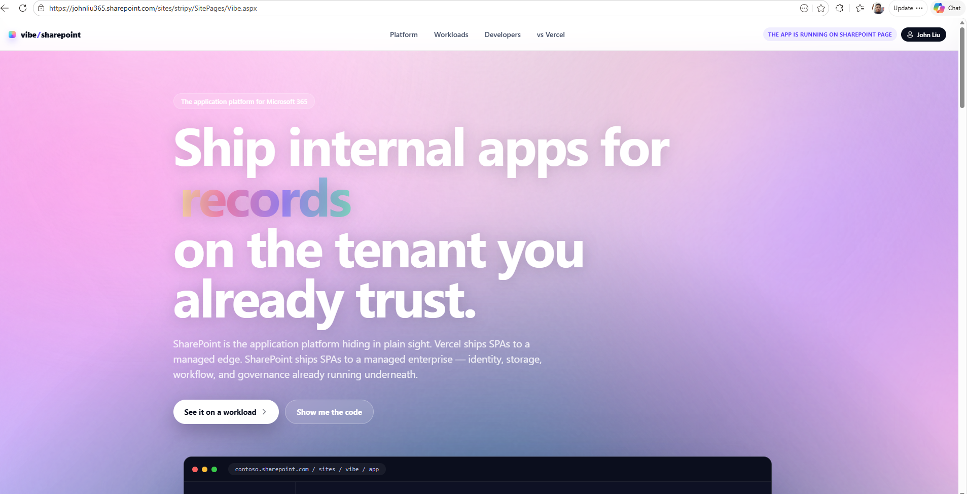 A vibe-coded SharePoint landing page comparing SharePoint with Vercel for internal apps