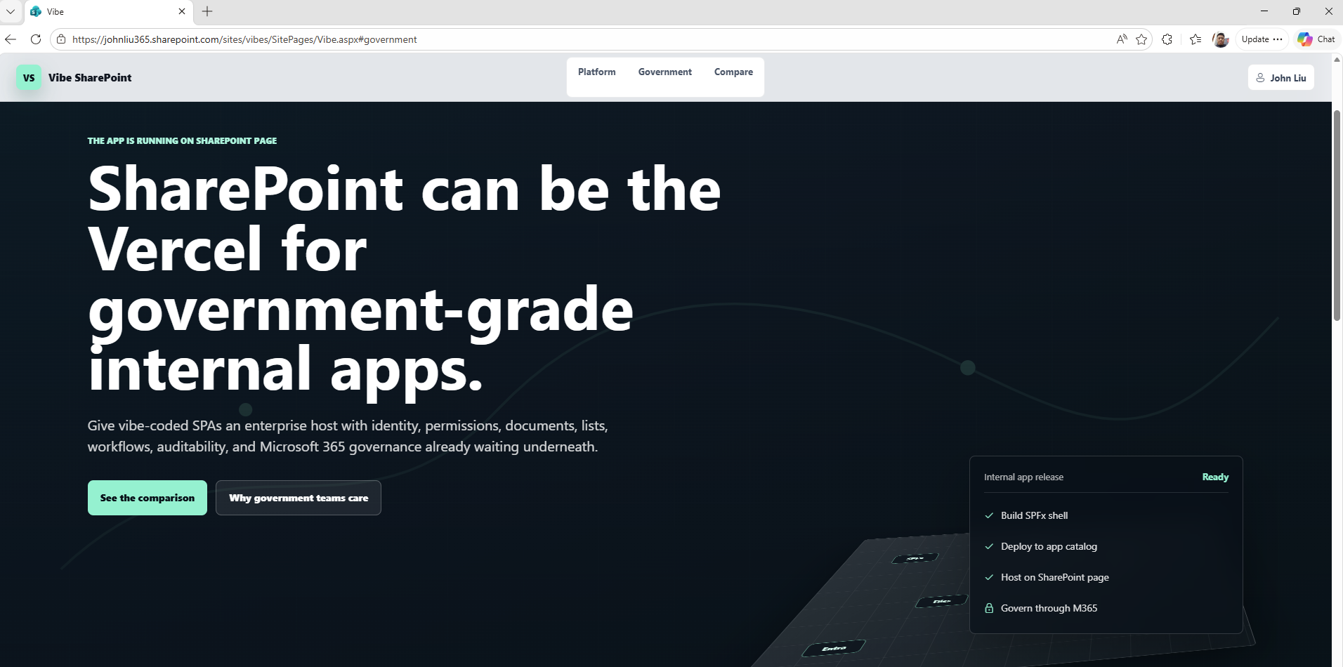 A Stripe-homepage-style interactive page pitching SharePoint as an application platform like Vercel