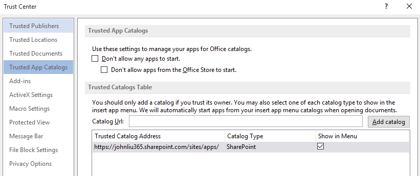  Add SharePoint App catalog to trust center 