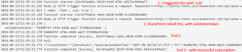  The function is called twice.  Second time by SharePoint to validate the subscription. 