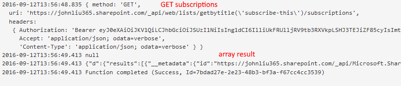  GET subscriptions.  Array result is [] empty by default.  It has subscriptions after you attach hooks successfully. 